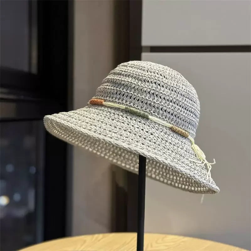 Crochet Straw Sun Hat with Wide Brim and Bow Detail