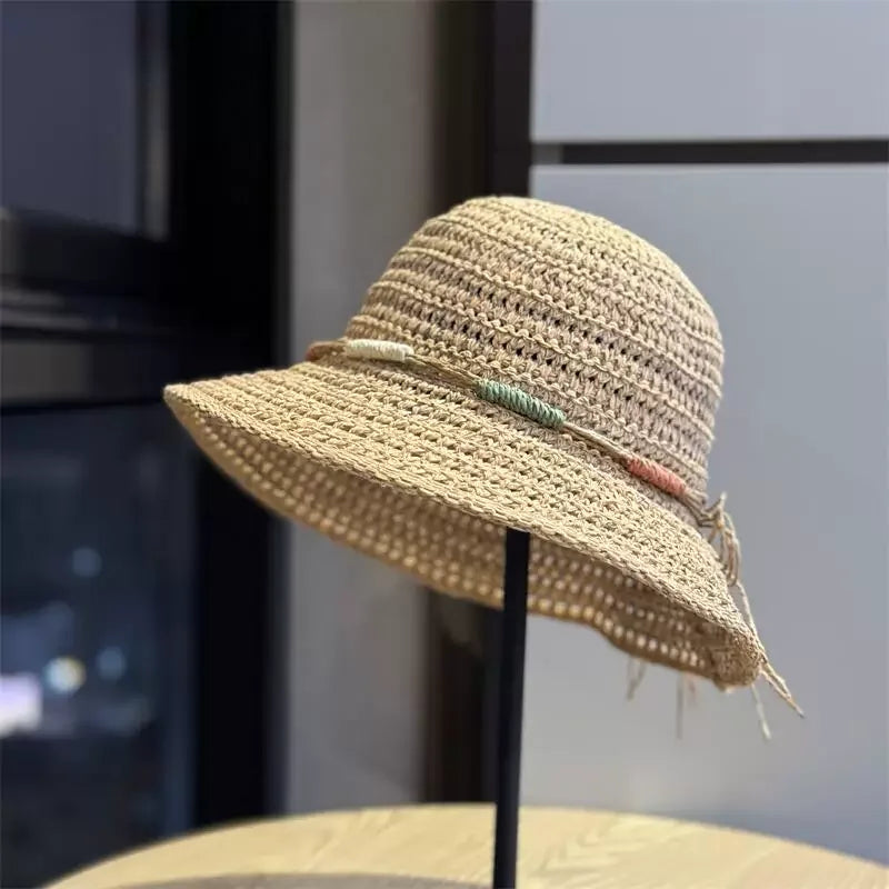 Crochet Straw Sun Hat with Wide Brim and Bow Detail