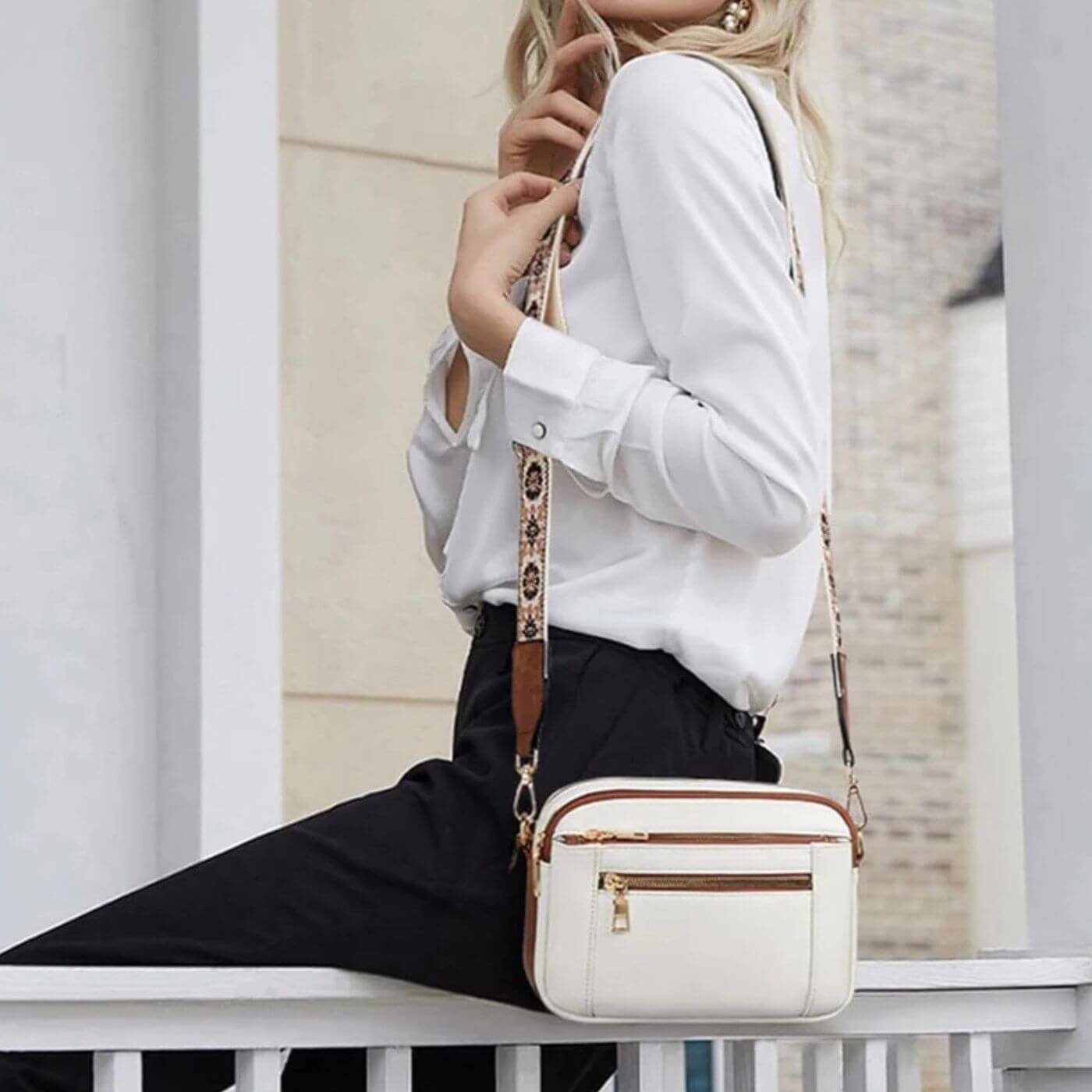 Crossbody Bag with Embroidered Boho Strap and Multi-Zip Pockets