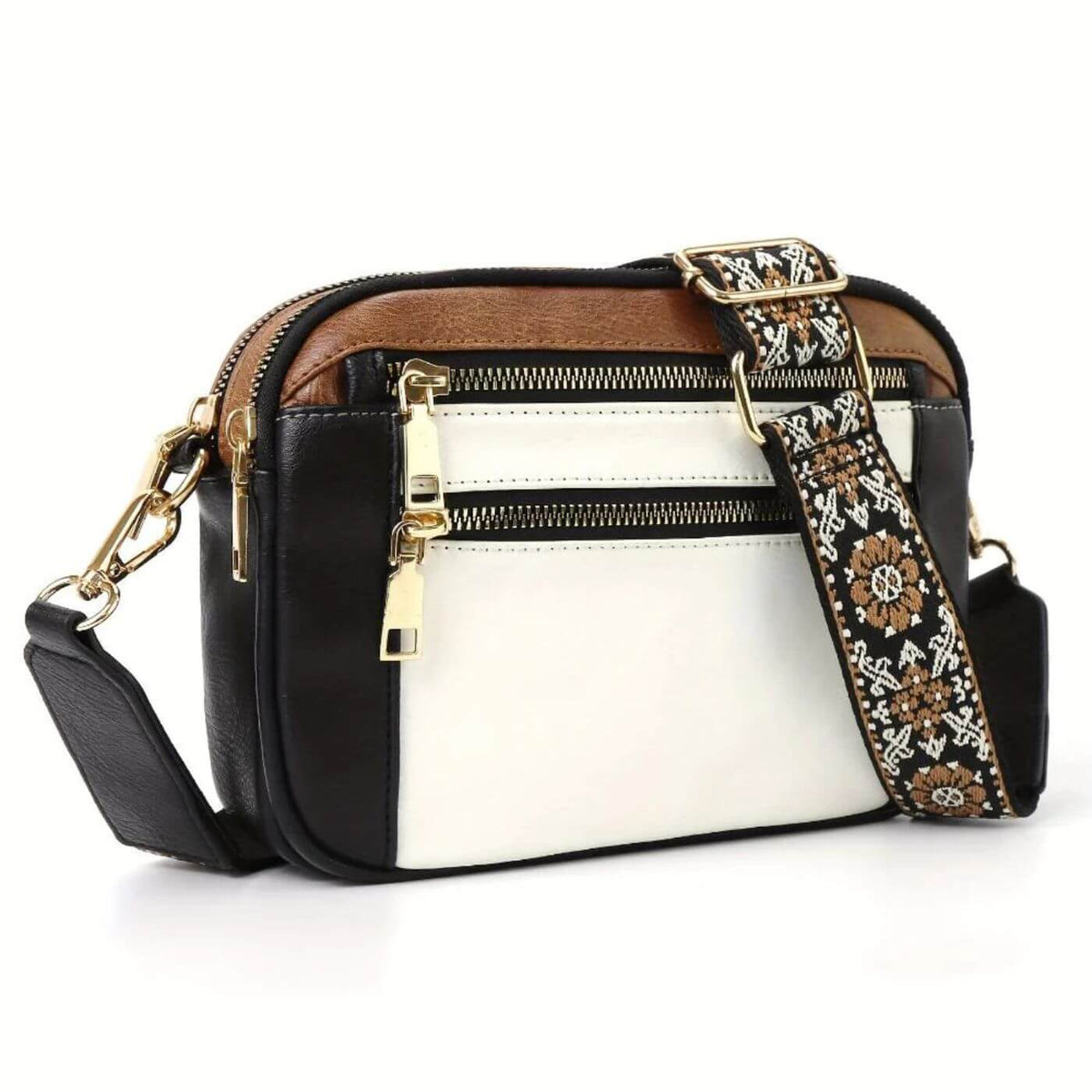Crossbody Bag with Embroidered Boho Strap and Multi-Zip Pockets