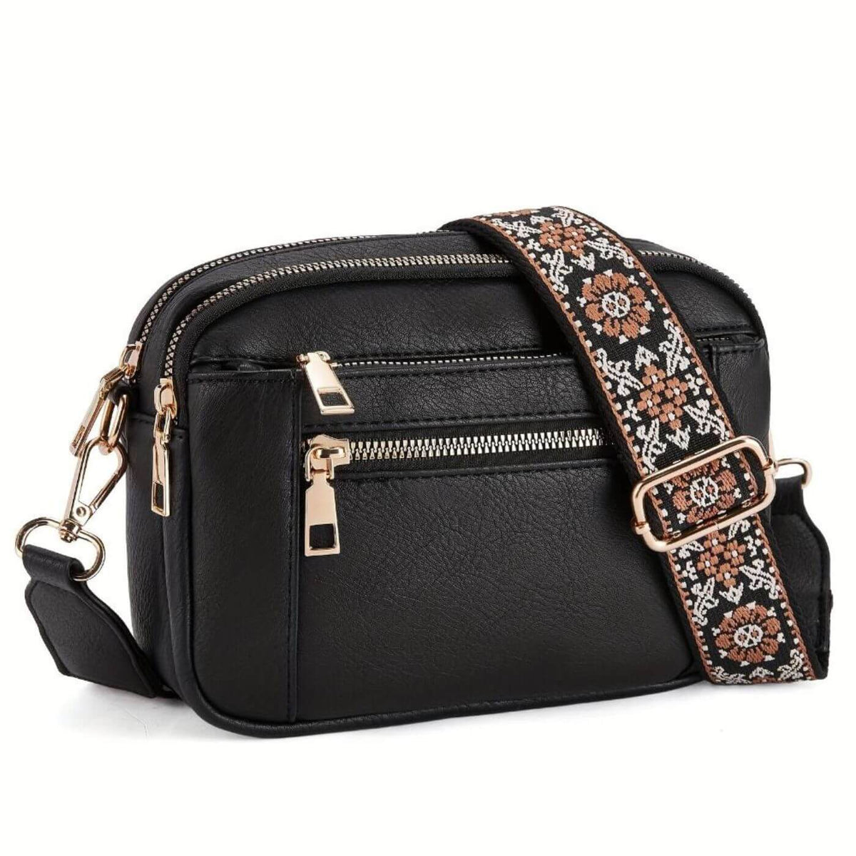 Crossbody Bag with Embroidered Boho Strap and Multi-Zip Pockets