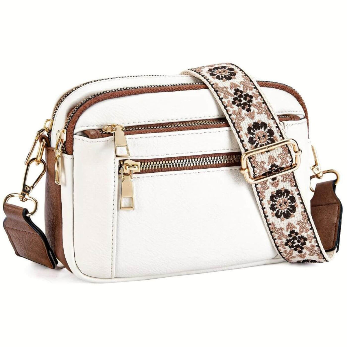 Crossbody Bag with Embroidered Boho Strap and Multi-Zip Pockets