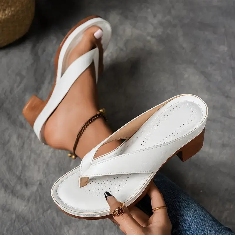 Classic Heeled Flip Flops with Block Heel and Toe Post