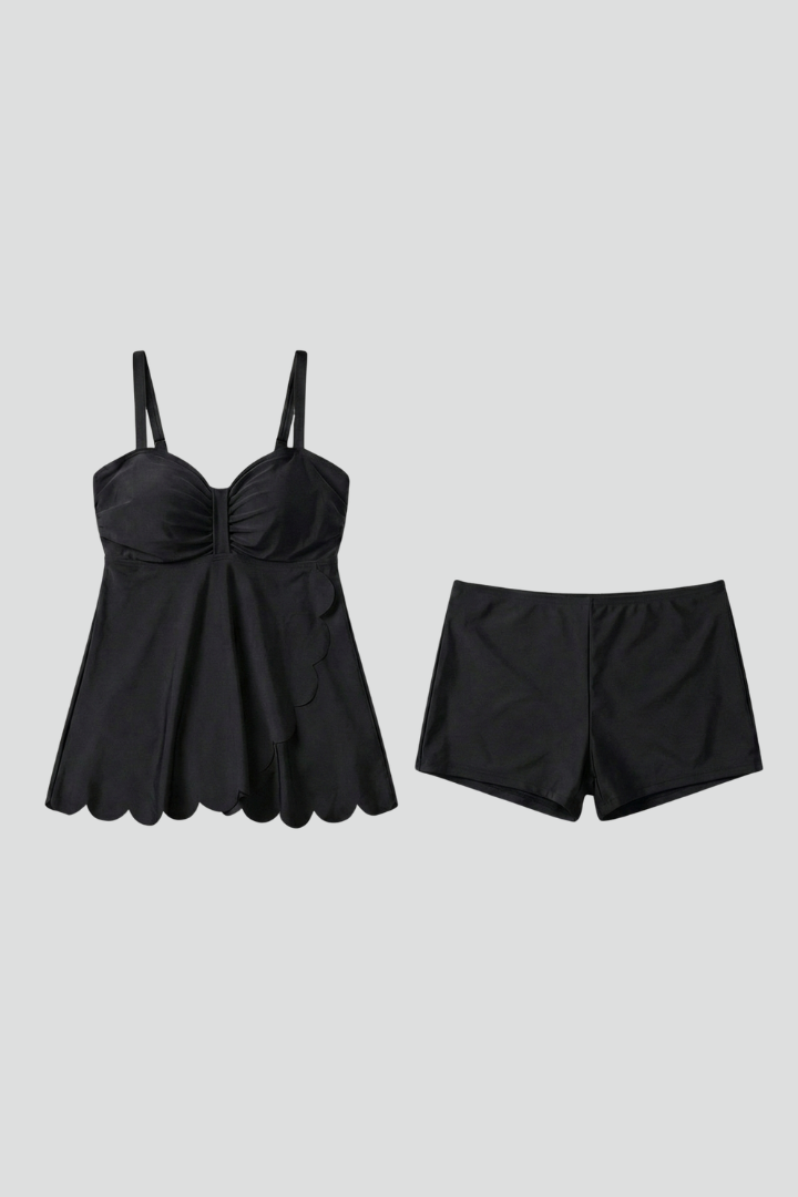 Elegant Black Scallop Hem Tankini Set with Shorts