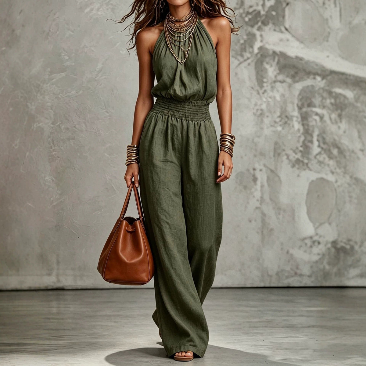 Elegant Halter Neck Linen Jumpsuit with Smocked Waist and Wide Leg