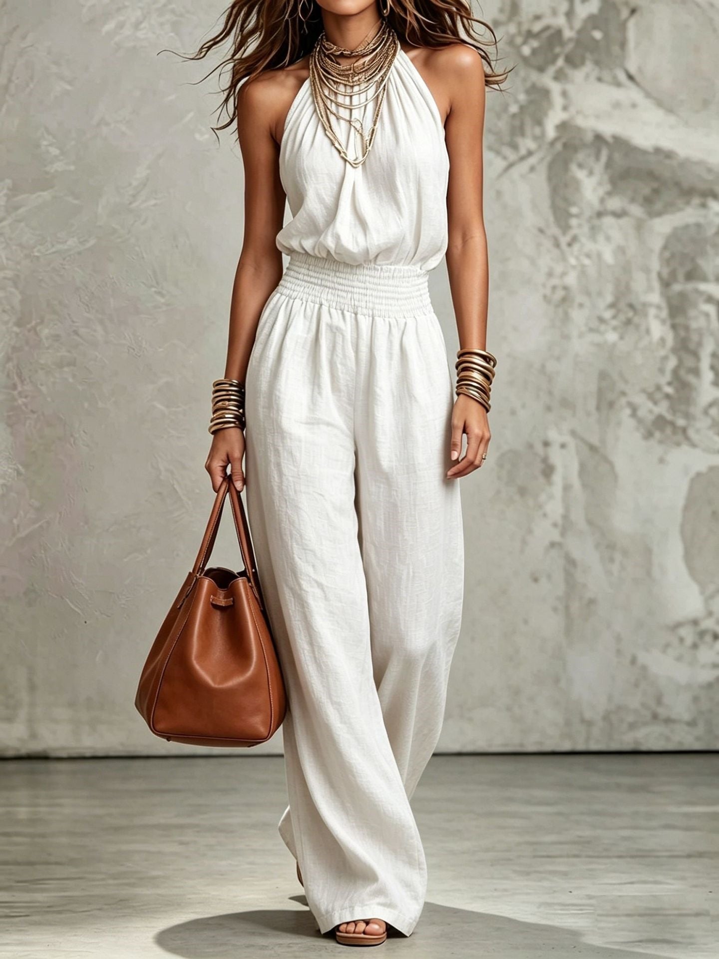 Elegant Halter Neck Linen Jumpsuit with Smocked Waist and Wide Leg