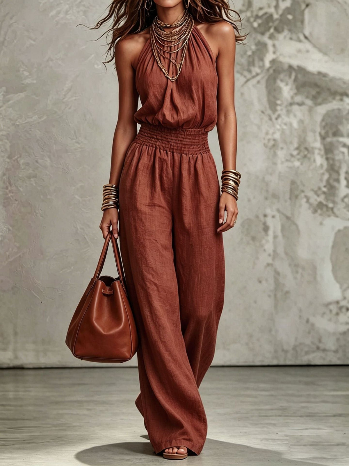Elegant Halter Neck Linen Jumpsuit with Smocked Waist and Wide Leg