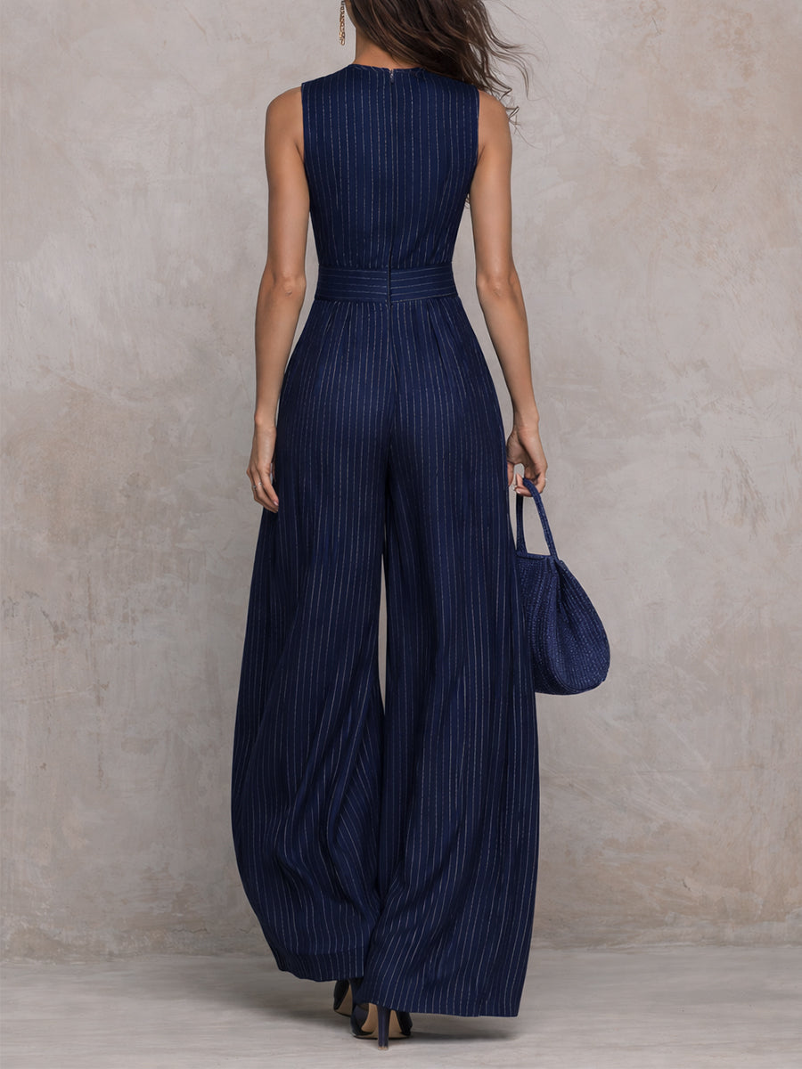 Elegant Navy Pinstripe Wide Leg Jumpsuit with Keyhole Neckline