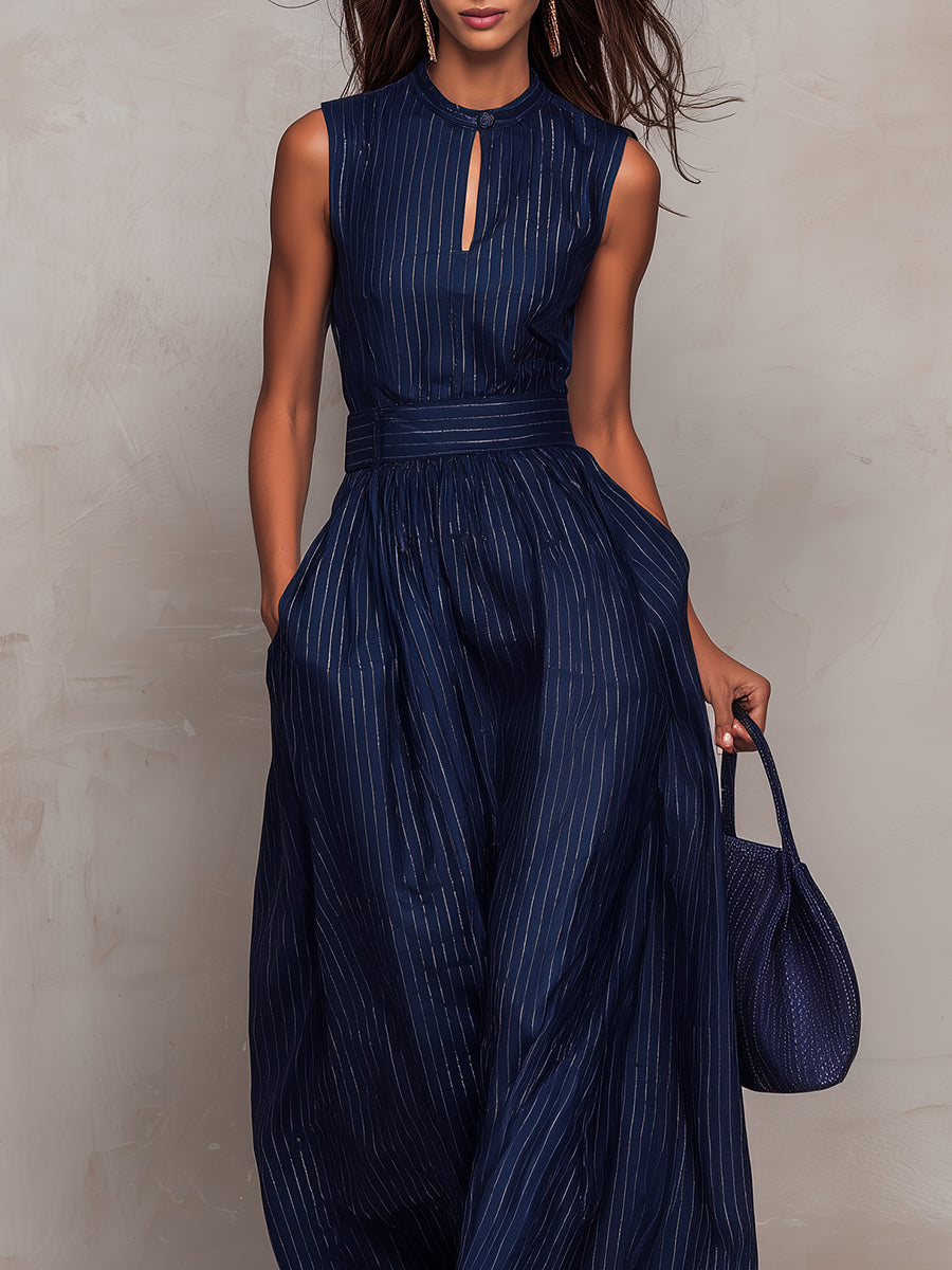 Elegant Navy Pinstripe Wide Leg Jumpsuit with Keyhole Neckline