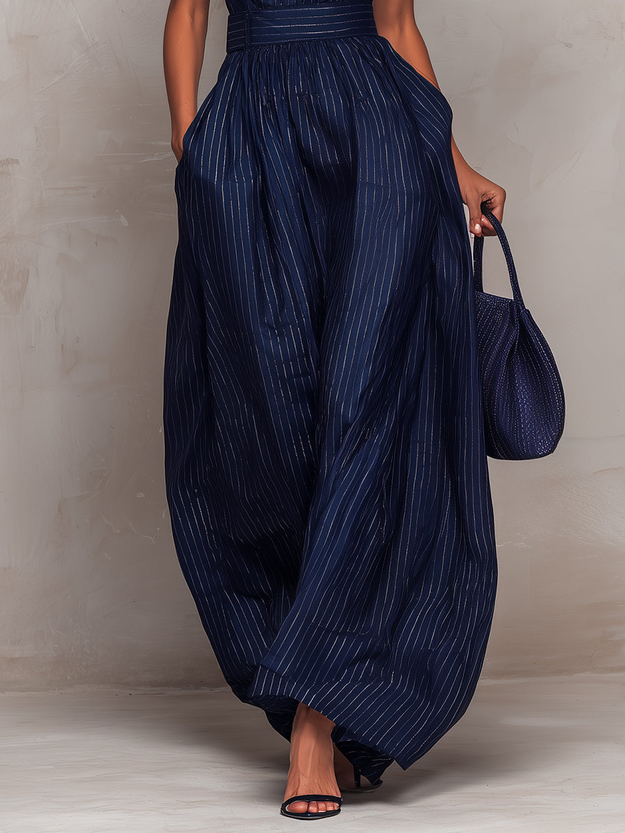 Elegant Navy Pinstripe Wide Leg Jumpsuit with Keyhole Neckline