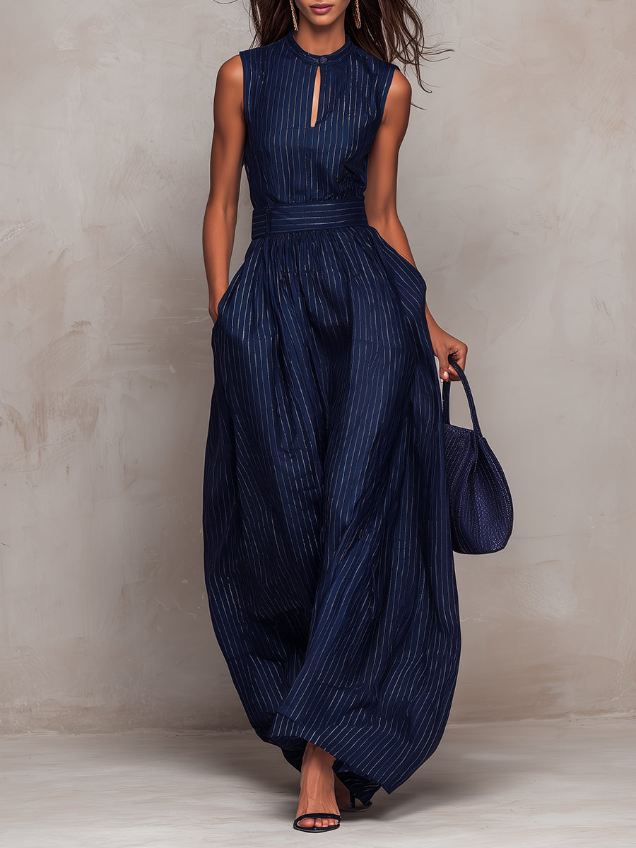 Elegant Navy Pinstripe Wide Leg Jumpsuit with Keyhole Neckline