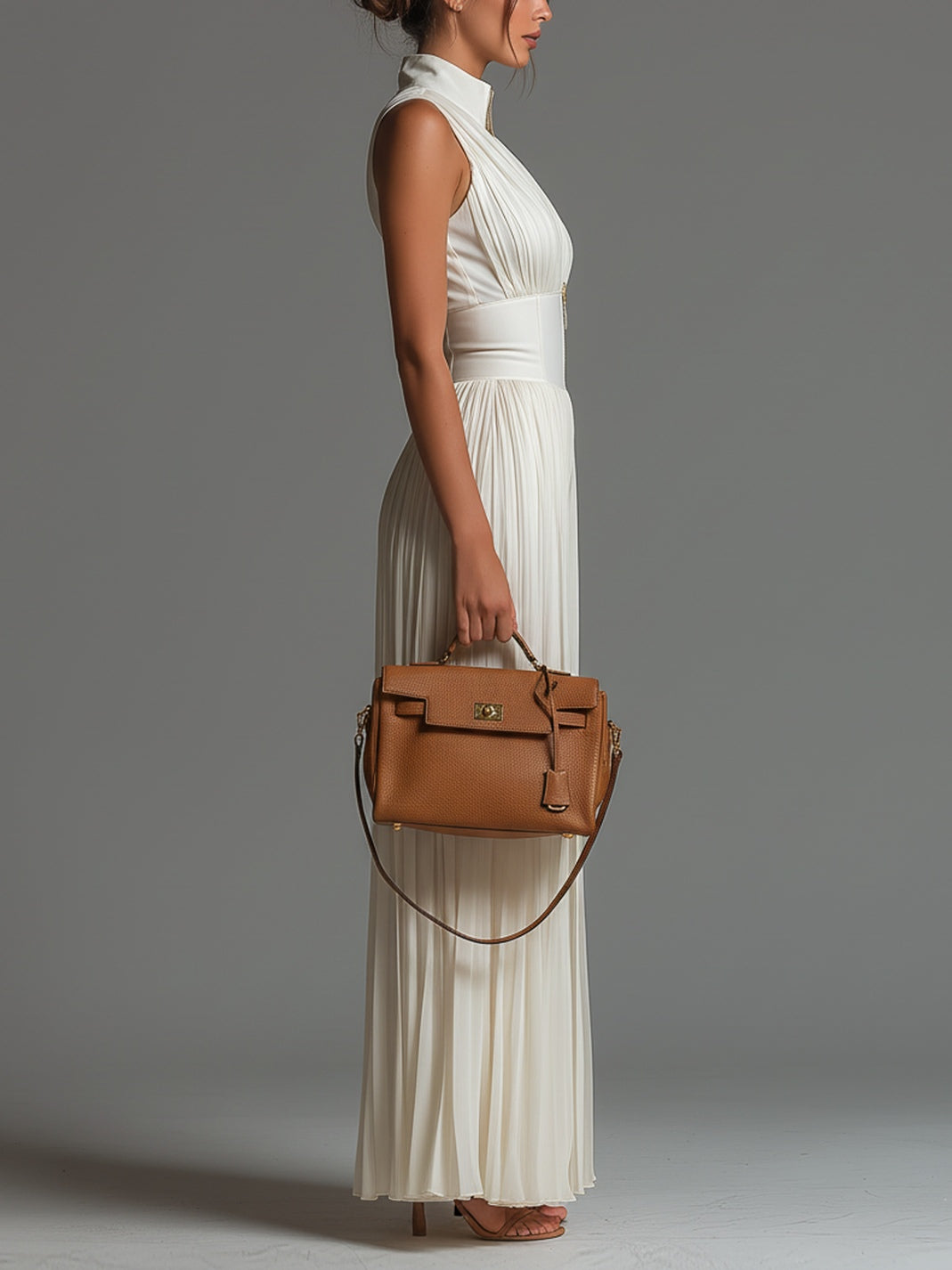Elegant Pleated Wide Leg Jumpsuit with Deep V-Neckline and Zip Front