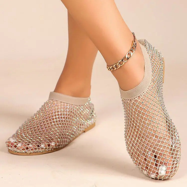 Elegant Sparkly Rhinestone Mesh Flat Shoes