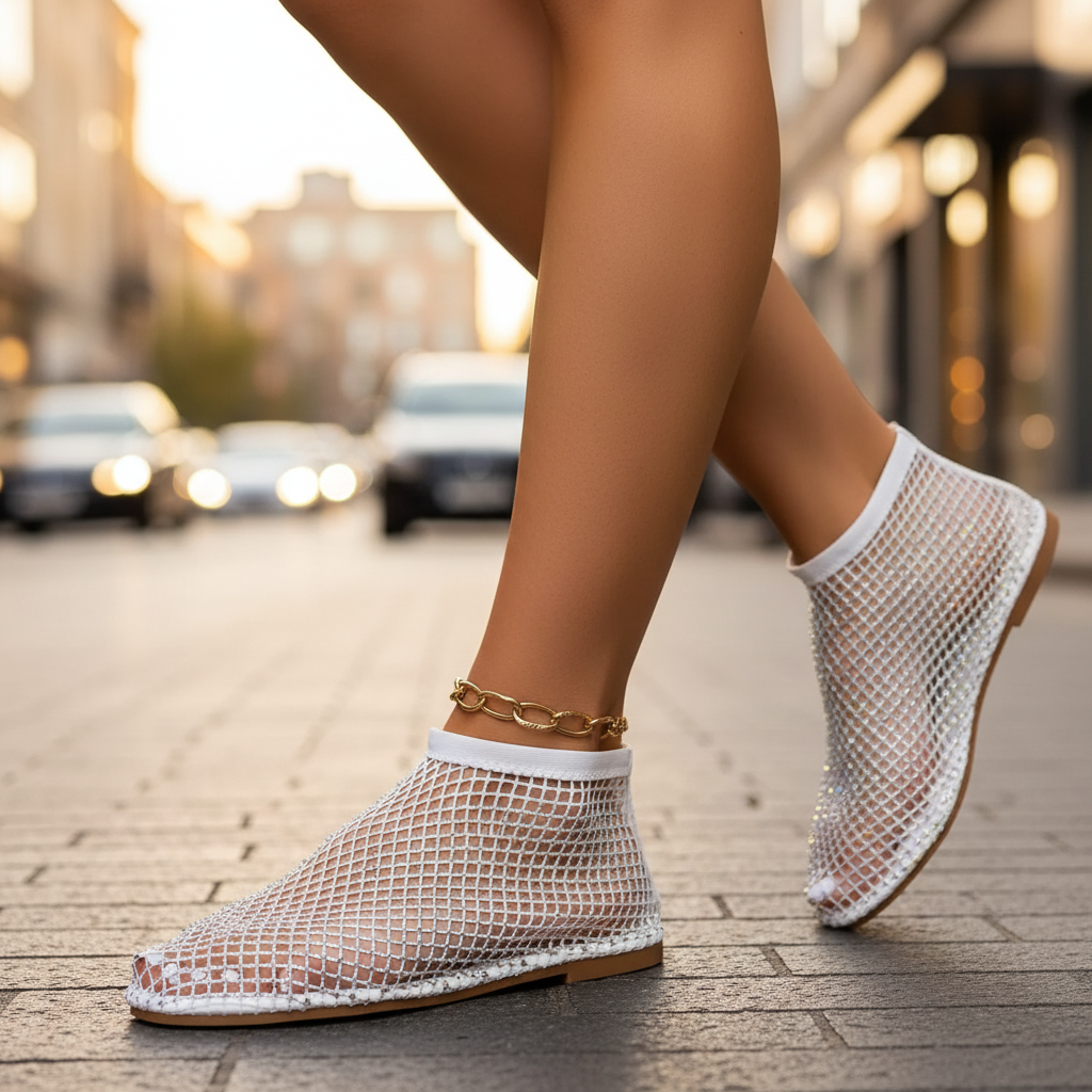 Elegant Sparkly Rhinestone Mesh Flat Shoes