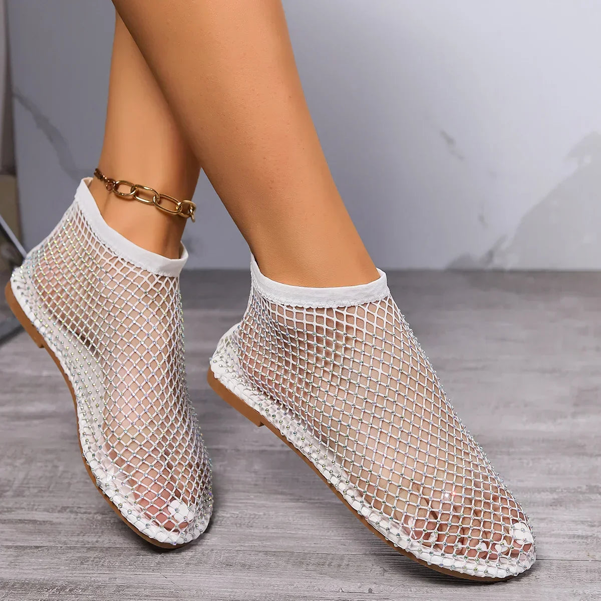 Elegant Sparkly Rhinestone Mesh Flat Shoes