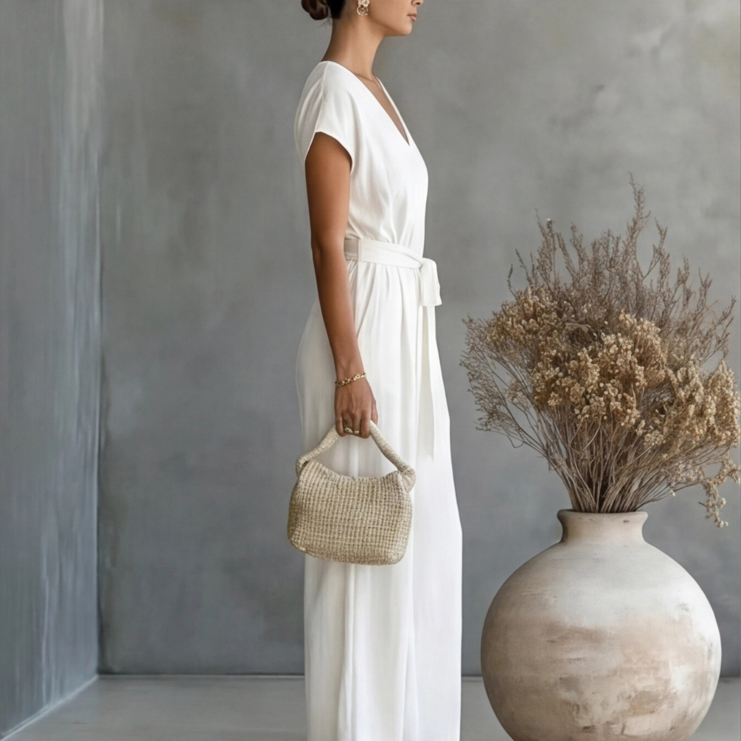 Elegant Wide Leg Jumpsuit with V-Neckline and Tie Waist Belt