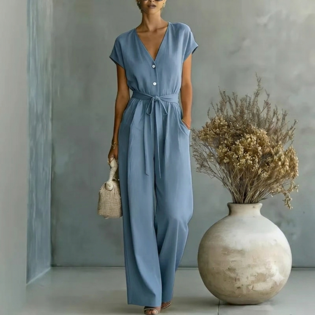 Elegant Wide Leg Jumpsuit with V-Neckline and Tie Waist Belt