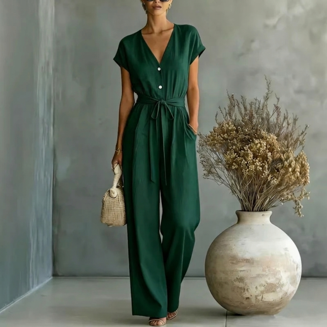 Elegant Wide Leg Jumpsuit with V-Neckline and Tie Waist Belt