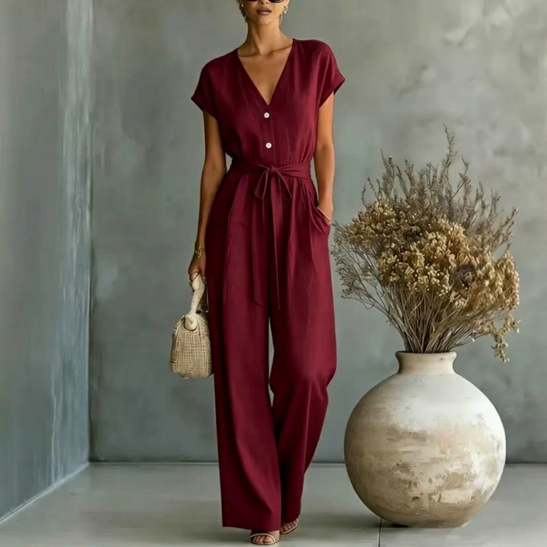 Elegant Wide Leg Jumpsuit with V-Neckline and Tie Waist Belt