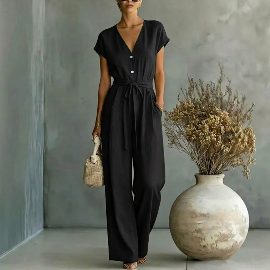 Elegant Wide Leg Jumpsuit with V-Neckline and Tie Waist Belt
