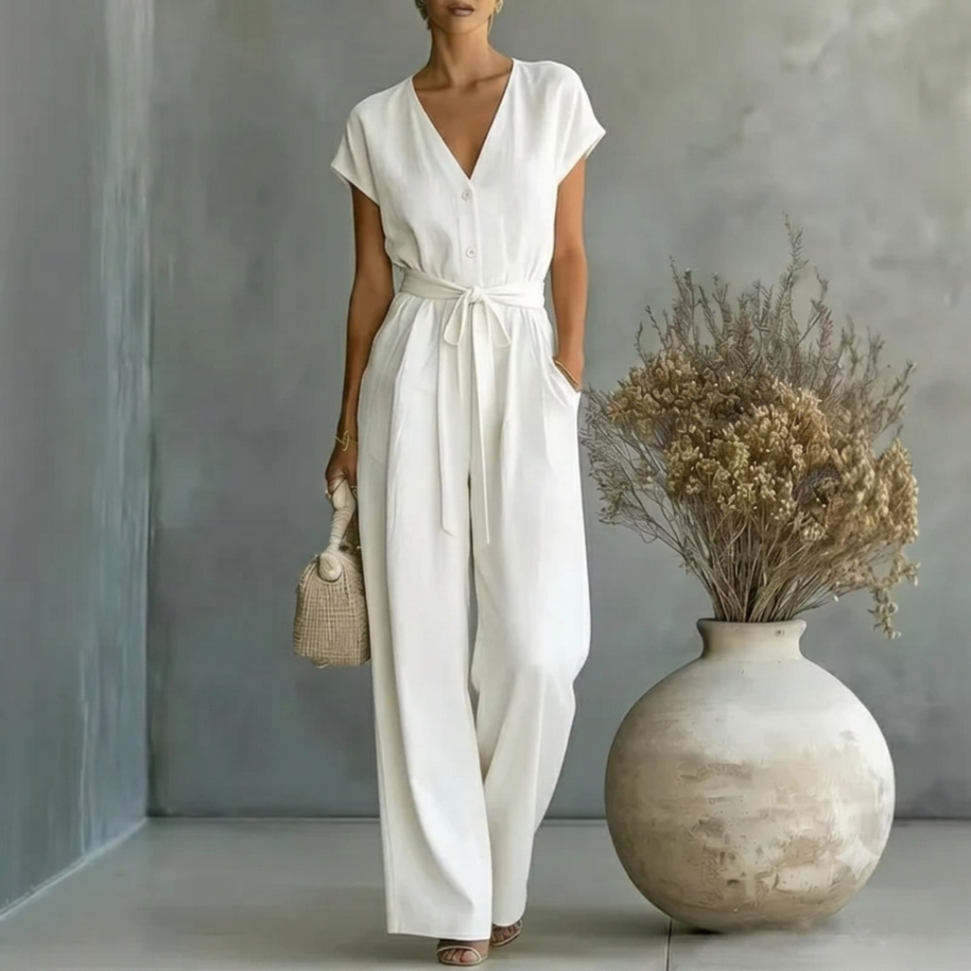Elegant Wide Leg Jumpsuit with V-Neckline and Tie Waist Belt