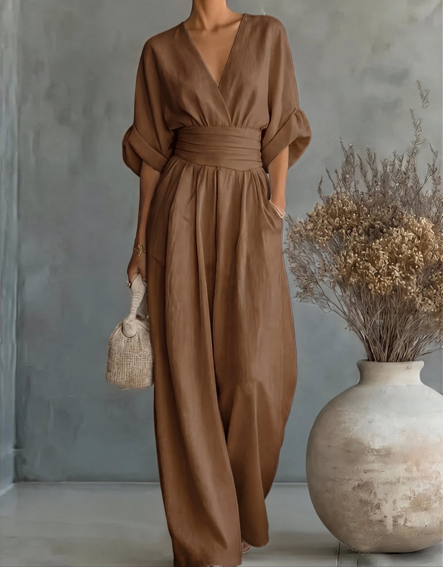 Elegant Wide Leg Jumpsuit with Wrap V-Neckline and Sash Waist