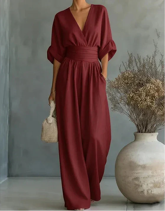 Elegant Wide Leg Jumpsuit with Wrap V-Neckline and Sash Waist