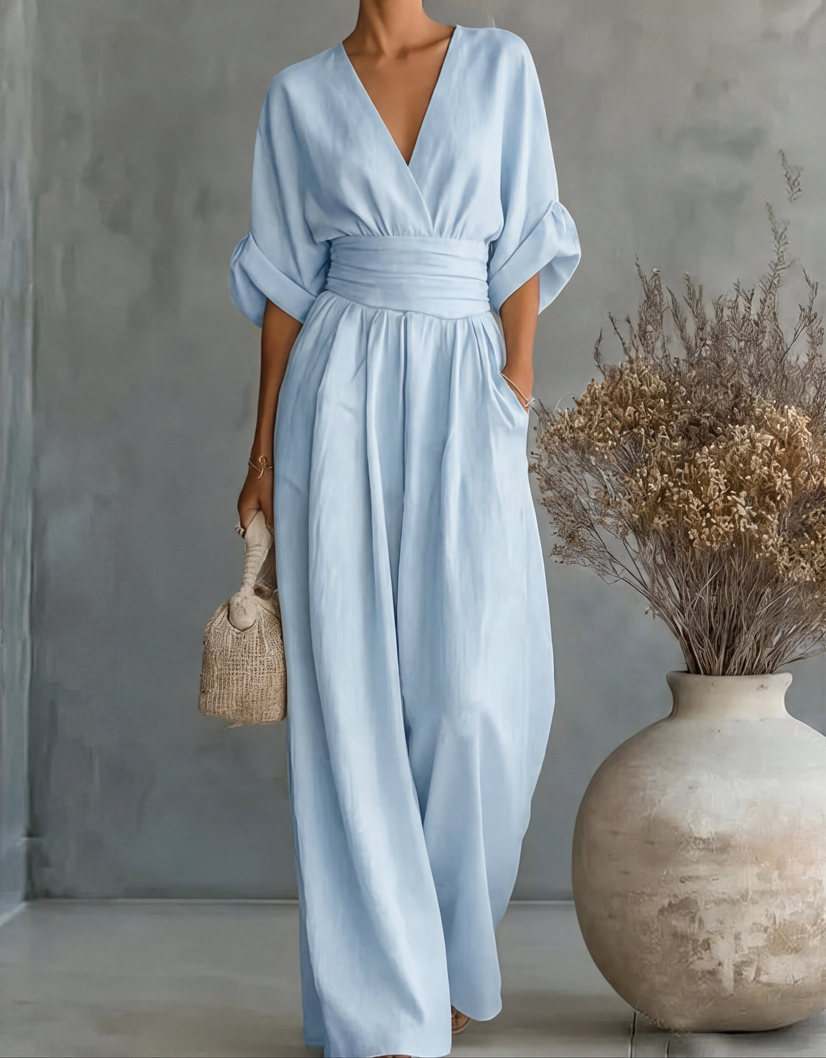 Elegant Wide Leg Jumpsuit with Wrap V-Neckline and Sash Waist