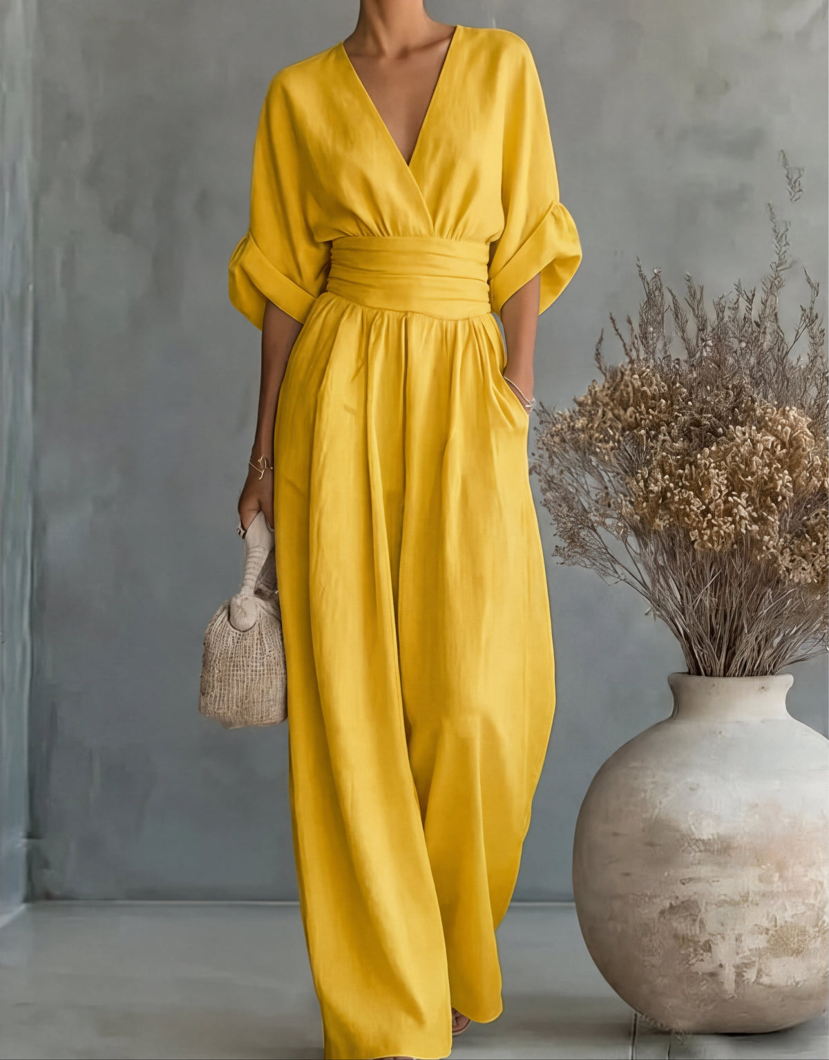 Elegant Wide Leg Jumpsuit with Wrap V-Neckline and Sash Waist