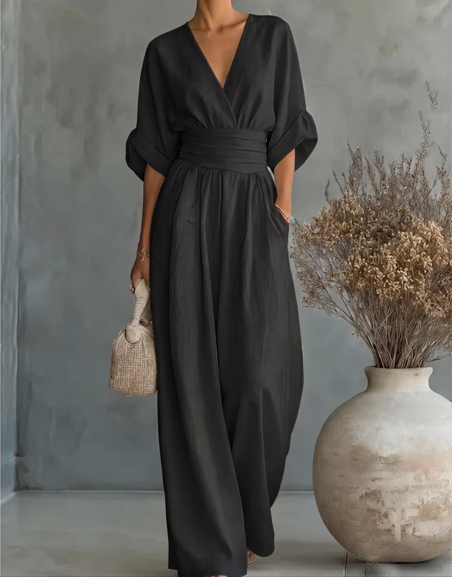 Elegant Wide Leg Jumpsuit with Wrap V-Neckline and Sash Waist