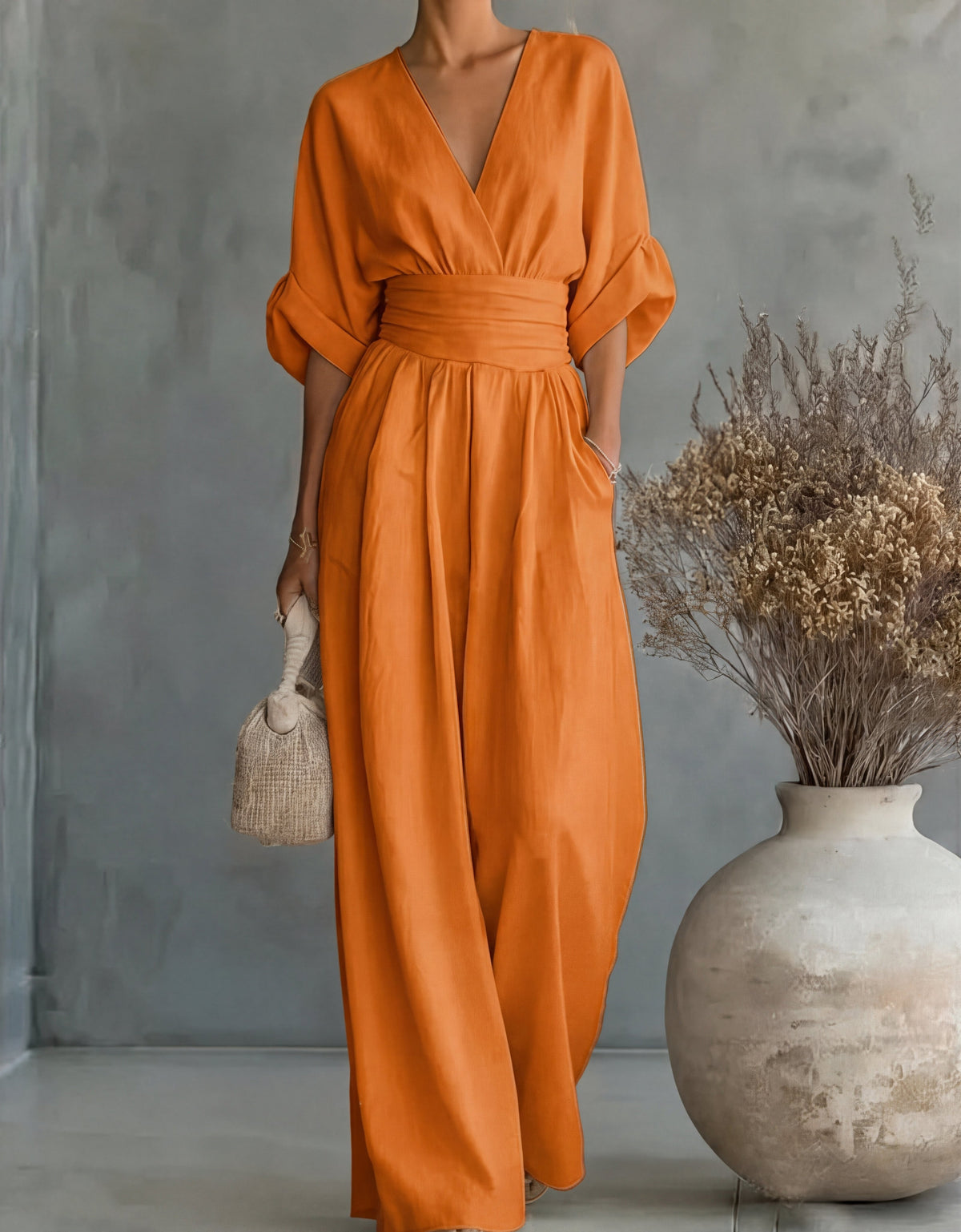 Elegant Wide Leg Jumpsuit with Wrap V-Neckline and Sash Waist