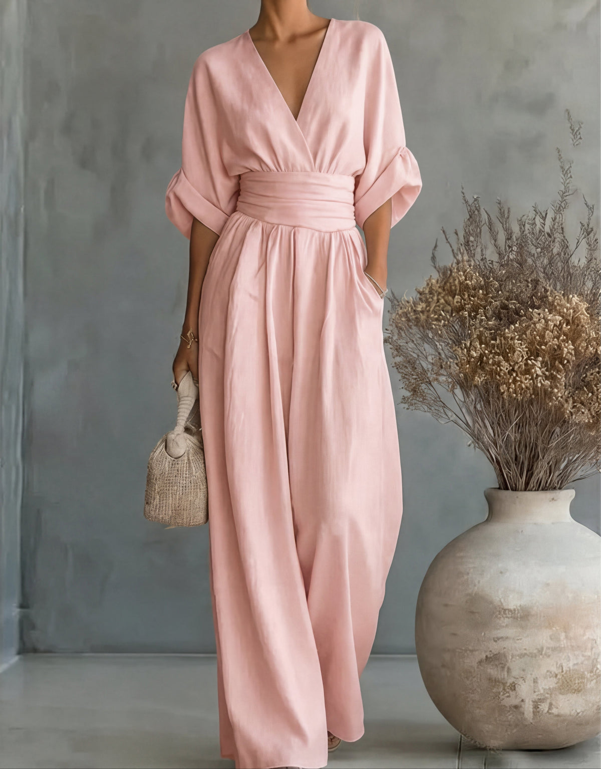 Elegant Wide Leg Jumpsuit with Wrap V-Neckline and Sash Waist