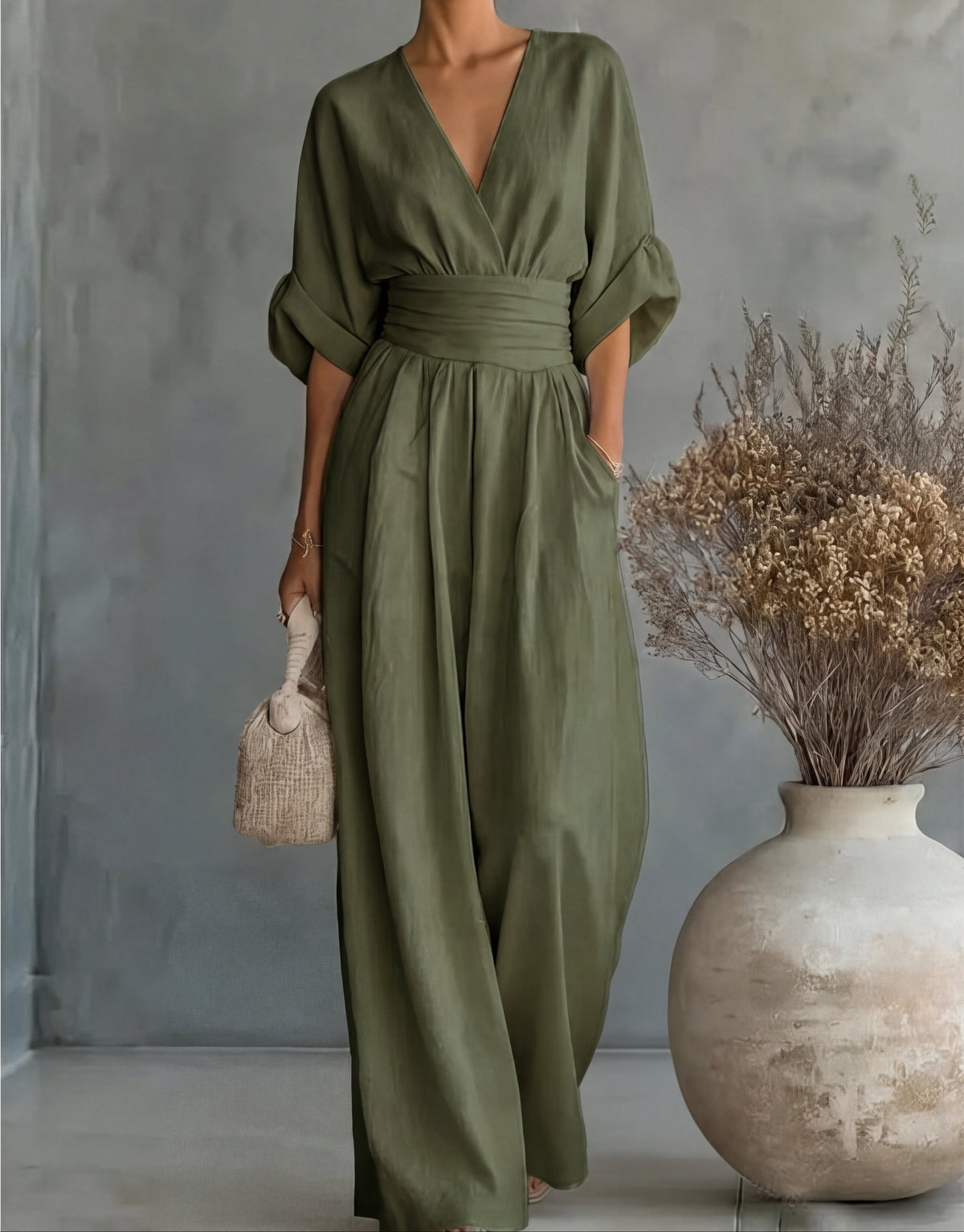 Elegant Wide Leg Jumpsuit with Wrap V-Neckline and Sash Waist
