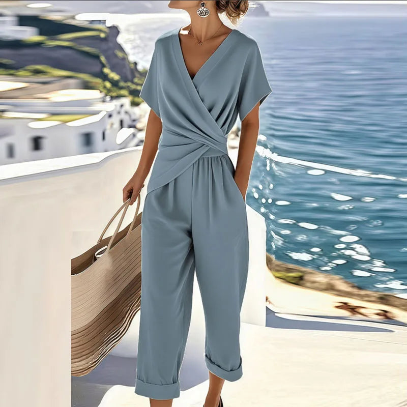 Elegant Wrap Front Jumpsuit with V-Neckline and Cropped Leg
