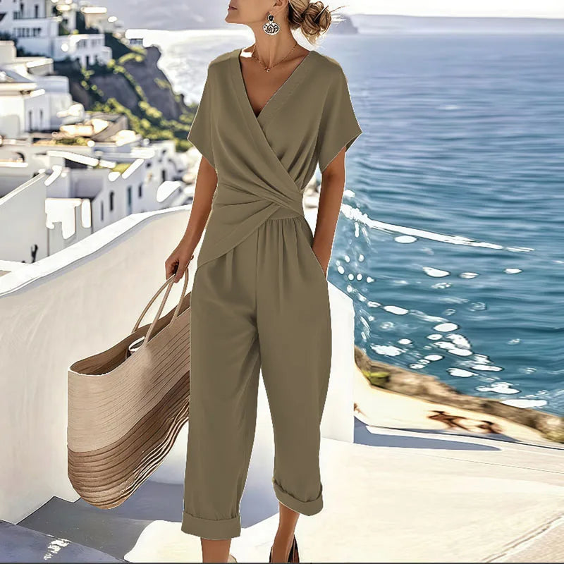 Elegant Wrap Front Jumpsuit with V-Neckline and Cropped Leg