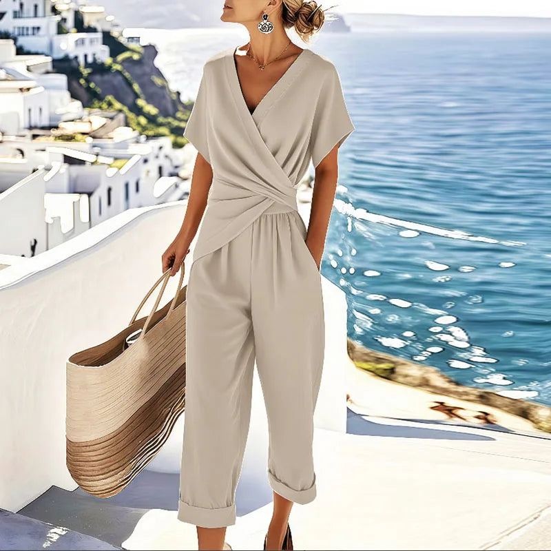 Elegant Wrap Front Jumpsuit with V-Neckline and Cropped Leg