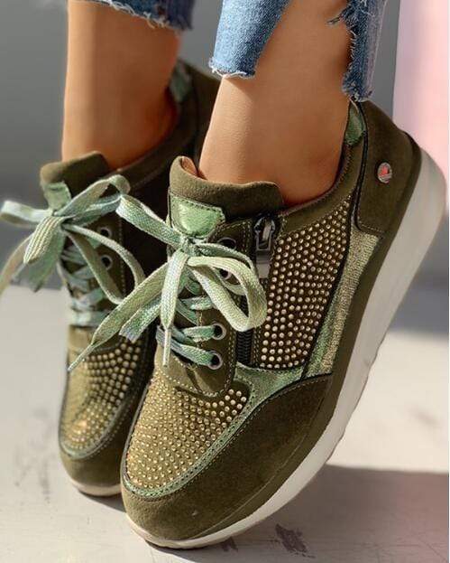 Embellished Suede Sneakers with Side Zip and Lace Up