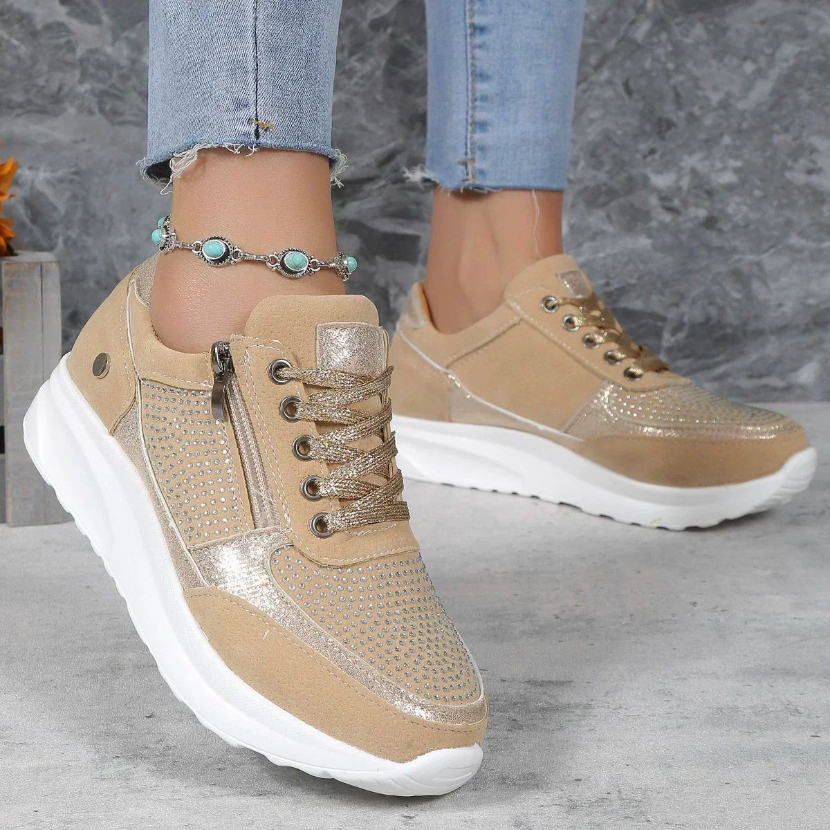 Embellished Suede Sneakers with Side Zip and Lace Up