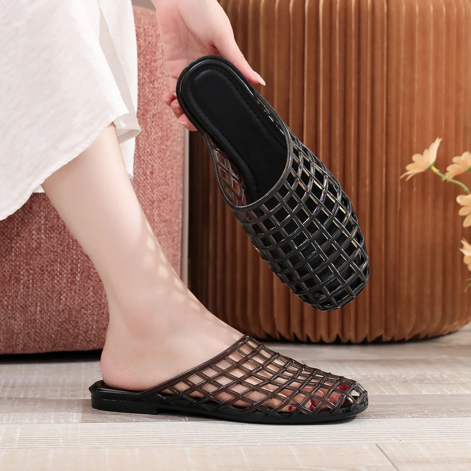 Flat Jelly Mule Sandals with Woven Cage Upper