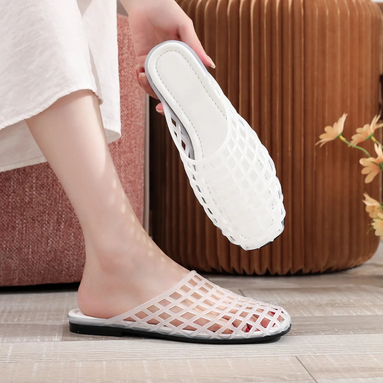 Flat Jelly Mule Sandals with Woven Cage Upper