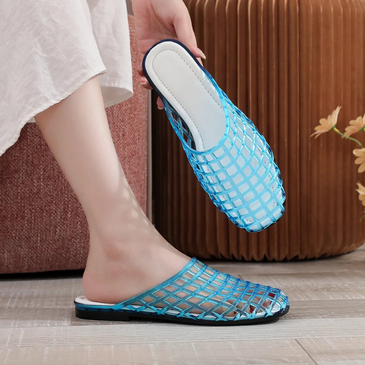 Flat Jelly Mule Sandals with Woven Cage Upper