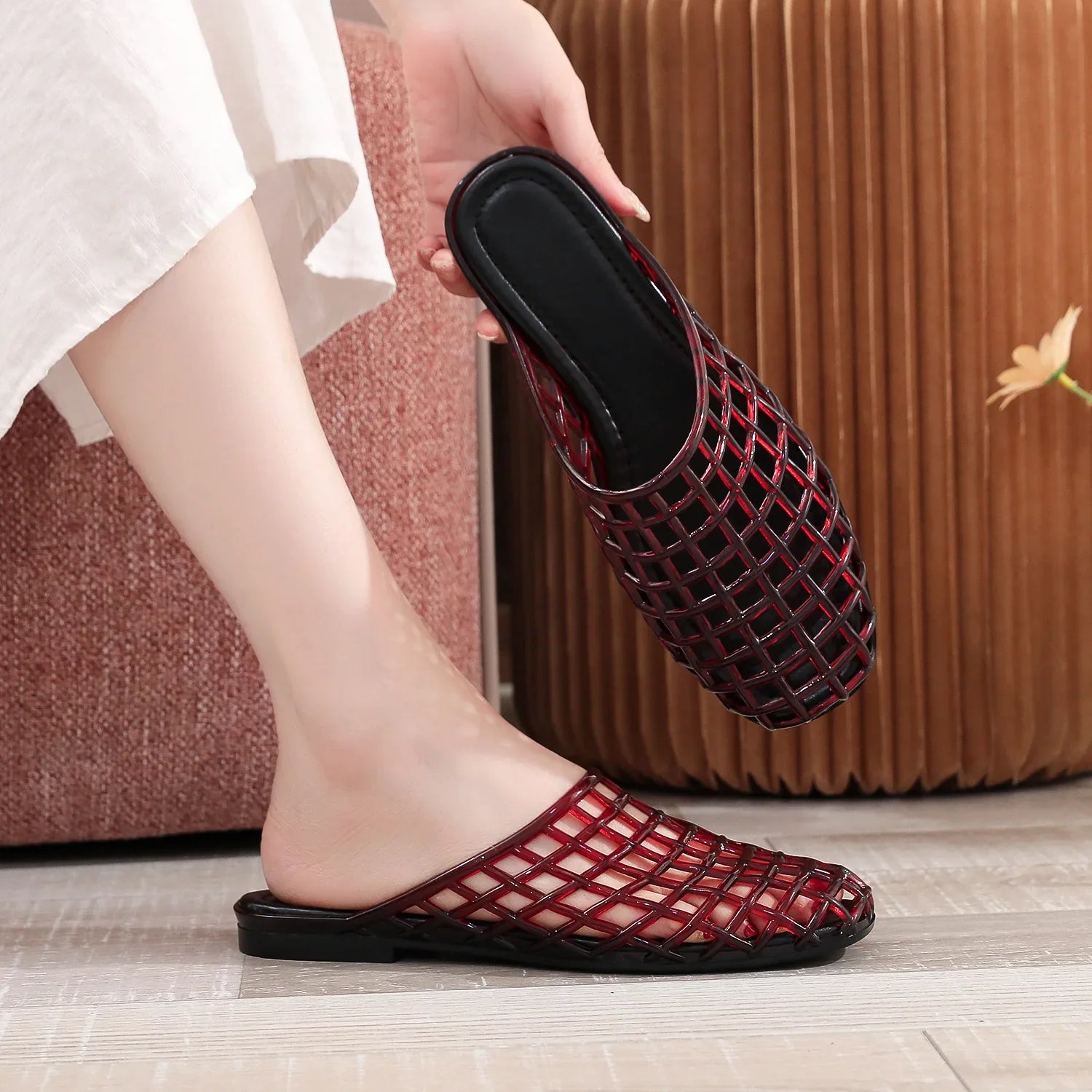Flat Jelly Mule Sandals with Woven Cage Upper