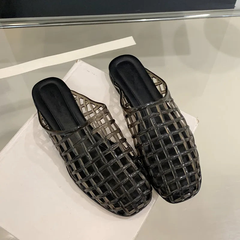 Flat Jelly Mule Sandals with Woven Cage Upper