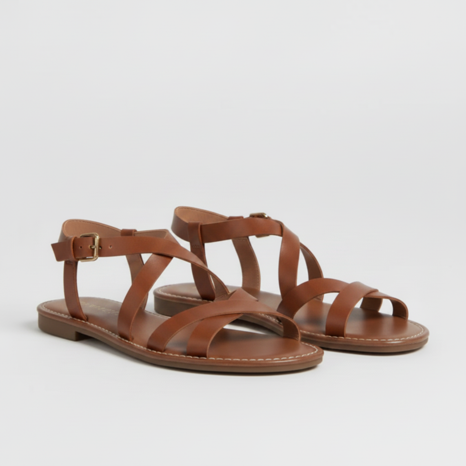 Flat Strappy Sandals with Crossover Strap and Ankle Buckle