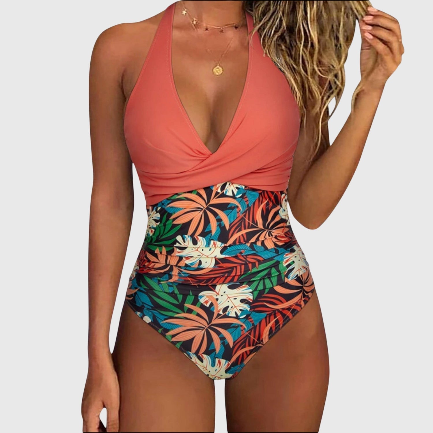 Floral Print Halter Neck One Piece Swimsuit with Ruched Waist