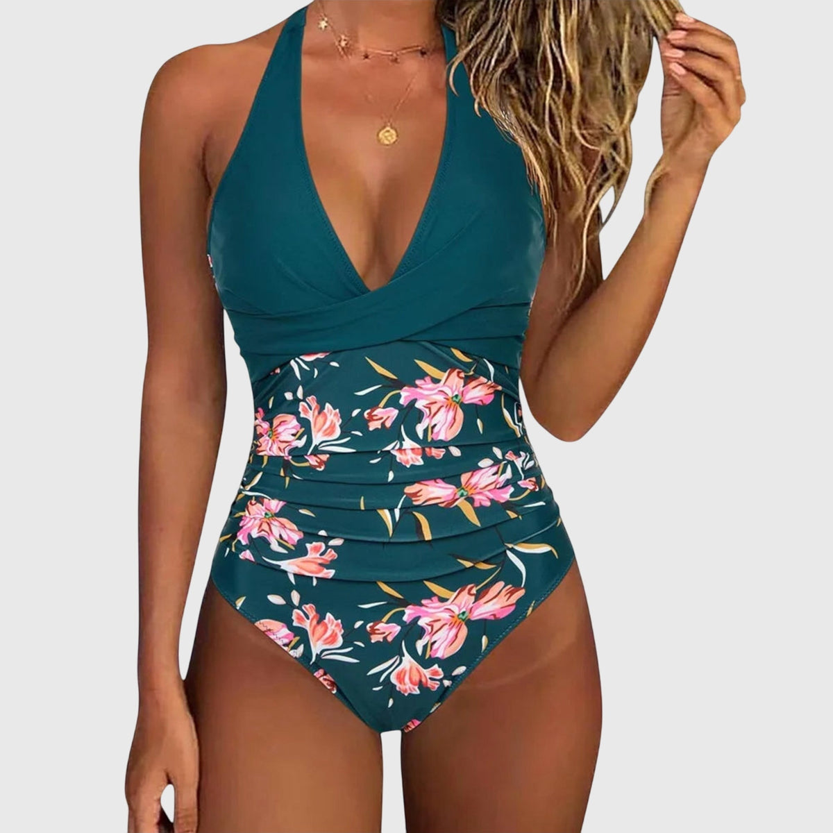 Floral Print Halter Neck One Piece Swimsuit with Ruched Waist