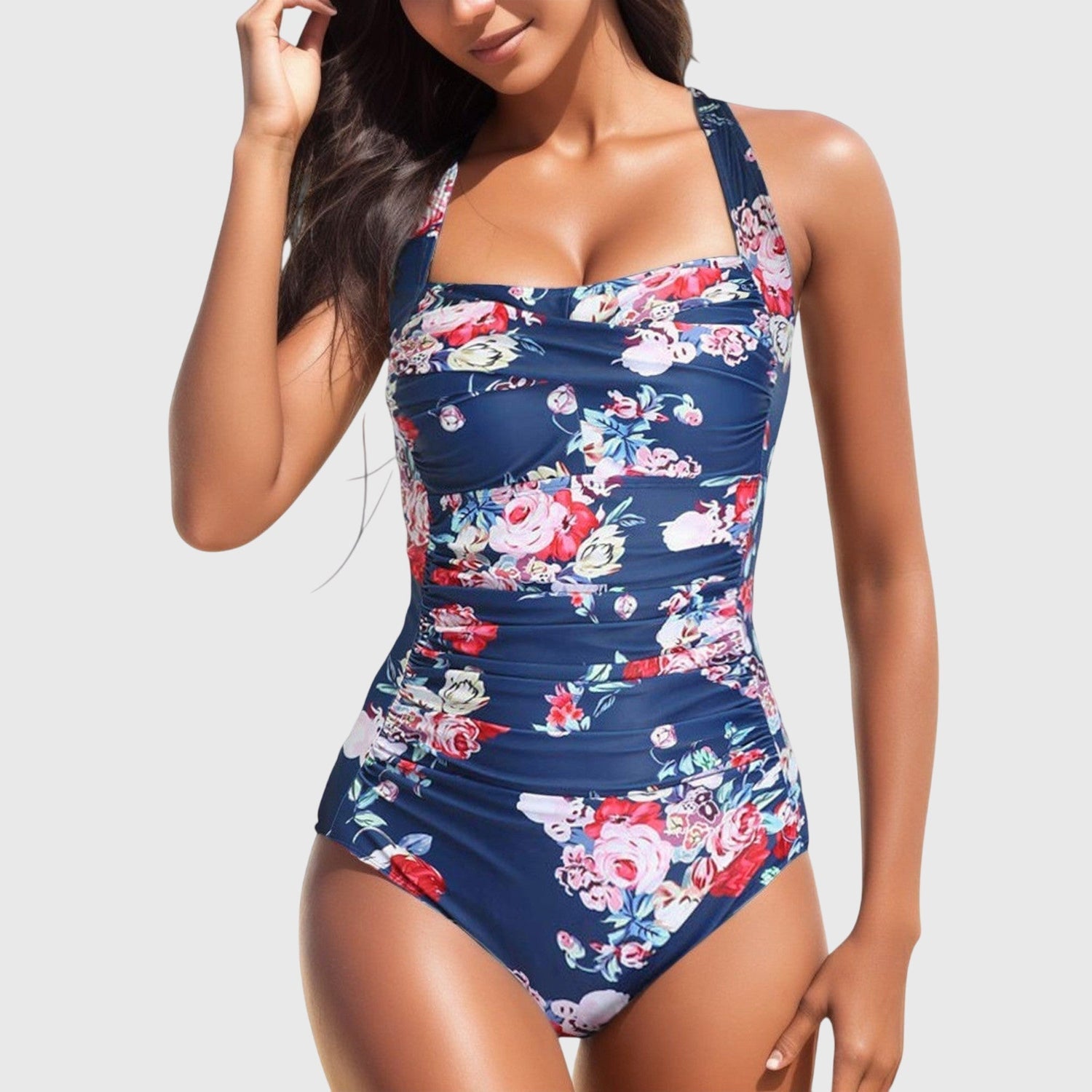 Floral Print One Piece Swimsuit with Ruched Bodice and Halter Neck