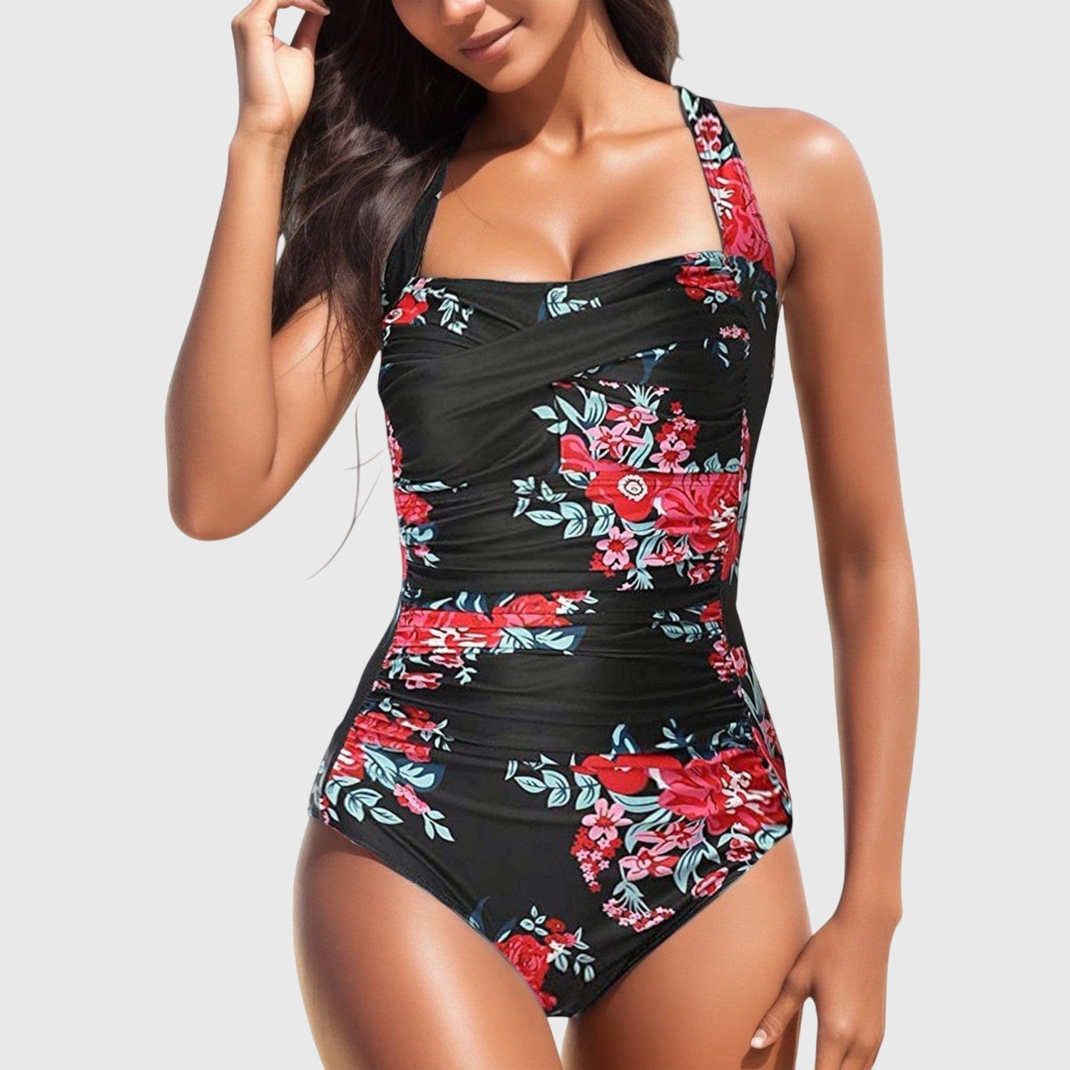 Floral Print One Piece Swimsuit with Ruched Bodice and Halter Neck