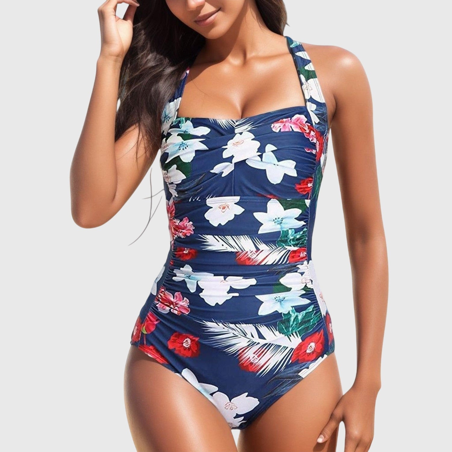 Floral Print One Piece Swimsuit with Ruched Bodice and Halter Neck