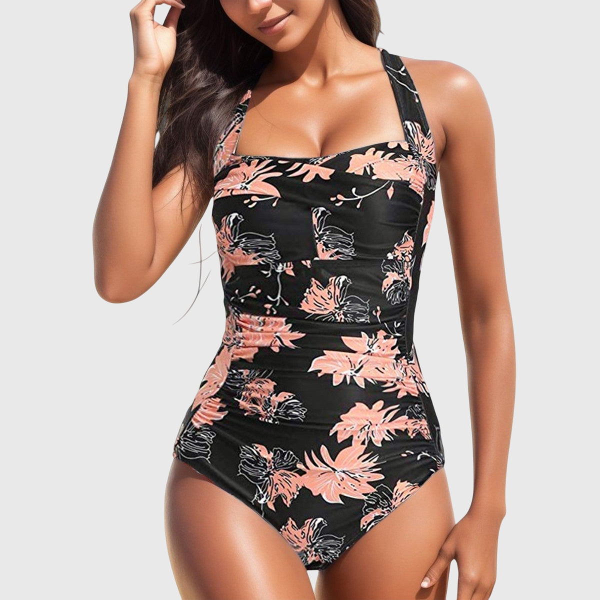 Floral Print One Piece Swimsuit with Ruched Bodice and Halter Neck